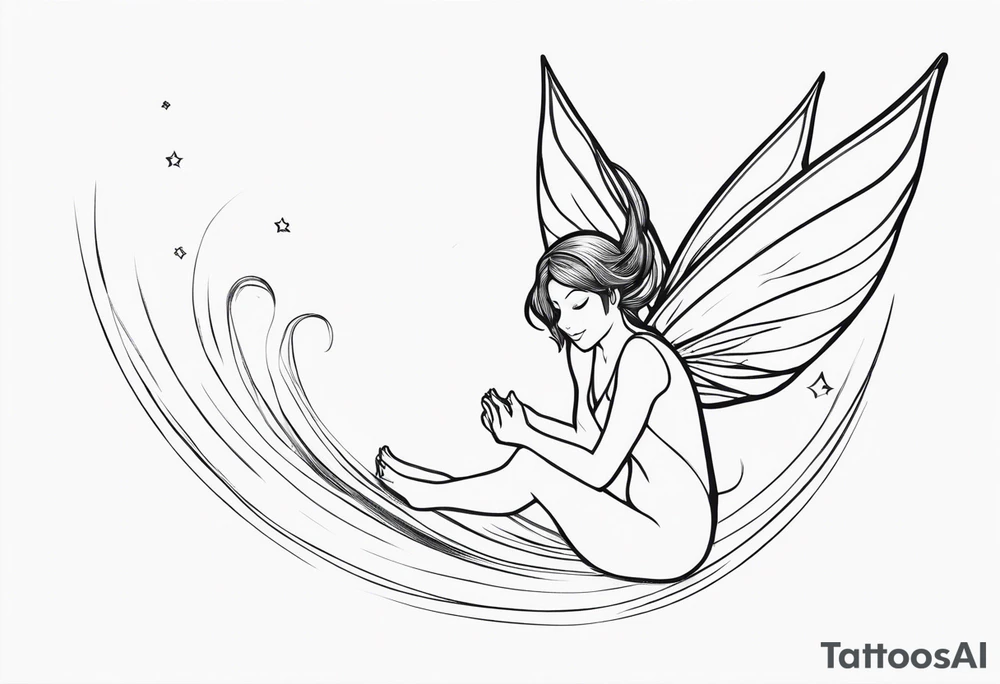 Minimalistic, monochromatic fairy with a tail flying to the left in a fetal position, leaning and looking in the same direction, with visible hands, embodying the 'Fairy Tail' logo aesthetic. tattoo idea
