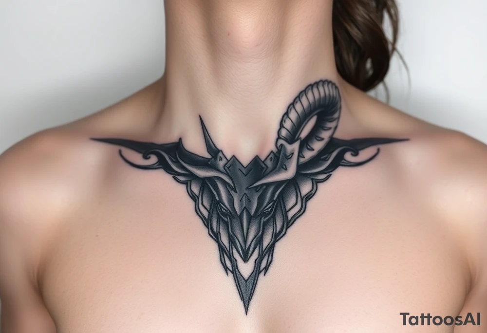 Feminine Tattoo female with horns just barley touching collarbone with a lot of shading tattoo idea