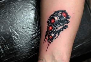 A tattoo depicting a mechanical hand socketed into the forearm, with crimson power cores pulsing behind stainless steel plating. tattoo idea