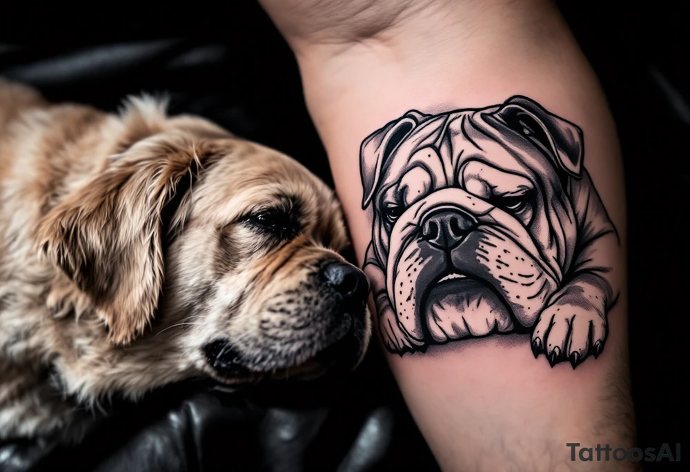 a golden retriever dog and an English bulldog, lying on their sides, head to head, foreheads touching, the golden retriever's head is larger than bulldog's tattoo idea