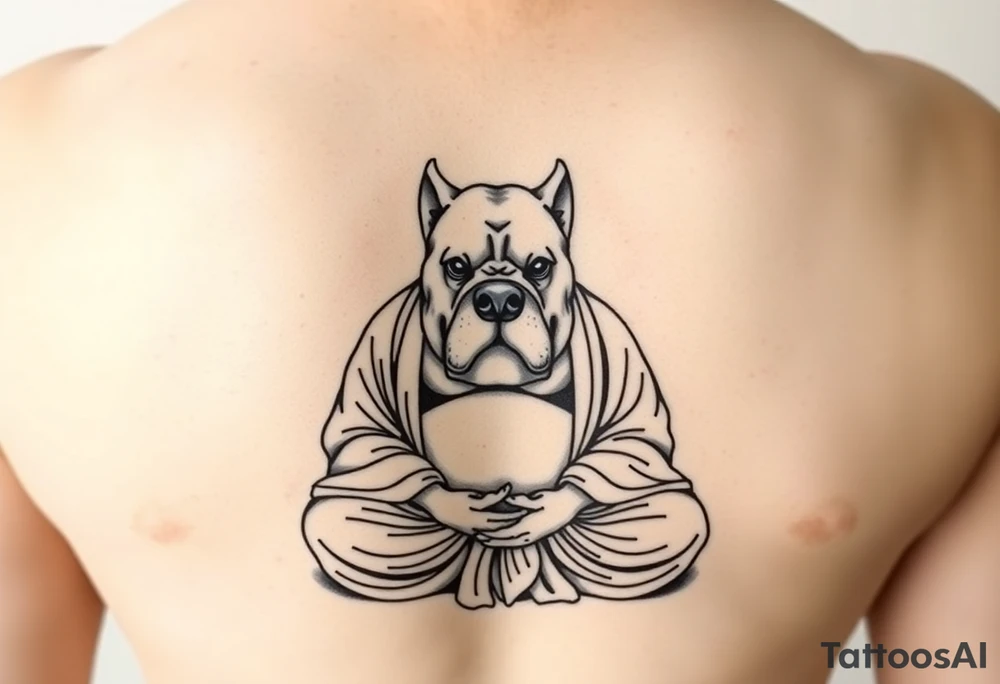 Meditating fat Buddha with happy pitbull head tattoo idea