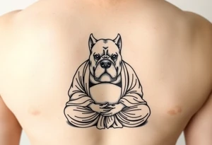 Meditating fat Buddha with happy pitbull head tattoo idea