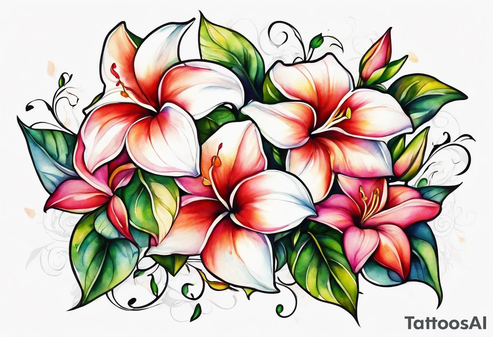 white background, abstract mandevilla flowers on a vine, part of it watercolor, part of it just line work tattoo idea