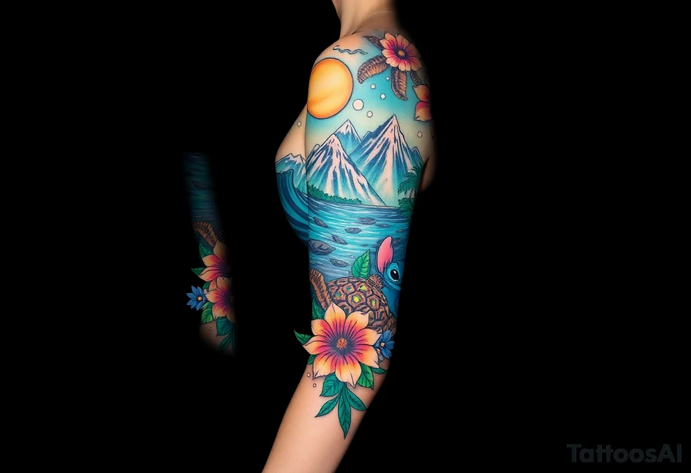 half sleeve, hawaiian theme, with water, mountains, tropical flowers, turtles. and disneys moana and lilo and stitch characters tattoo idea