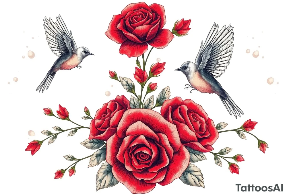 Vintage lace, red roses, red birds, vintage tattoo idea