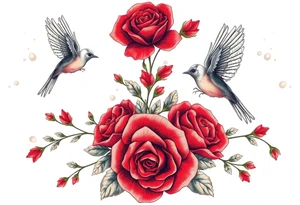 Vintage lace, red roses, red birds, vintage tattoo idea
