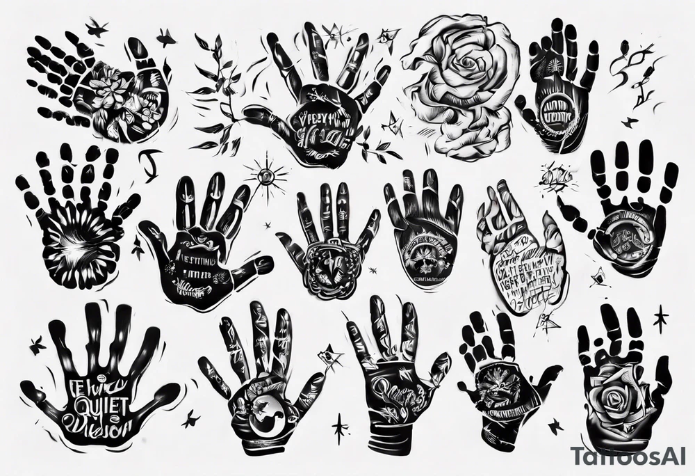 Handprint with words “Everything is Quiet Now” tattoo idea