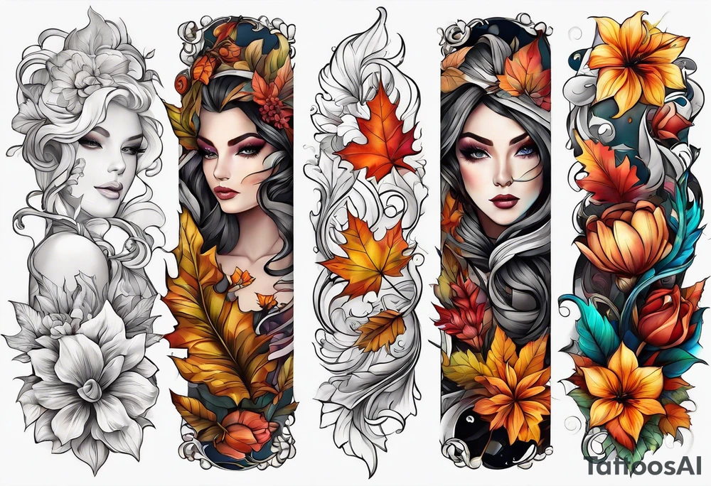 Full arm sleeve with fall colors, flowers, water, leaves and various shapes tattoo idea
