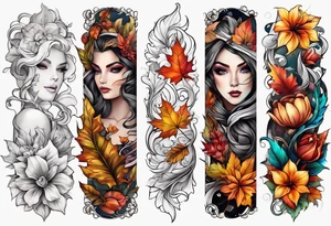 Full arm sleeve with fall colors, flowers, water, leaves and various shapes tattoo idea