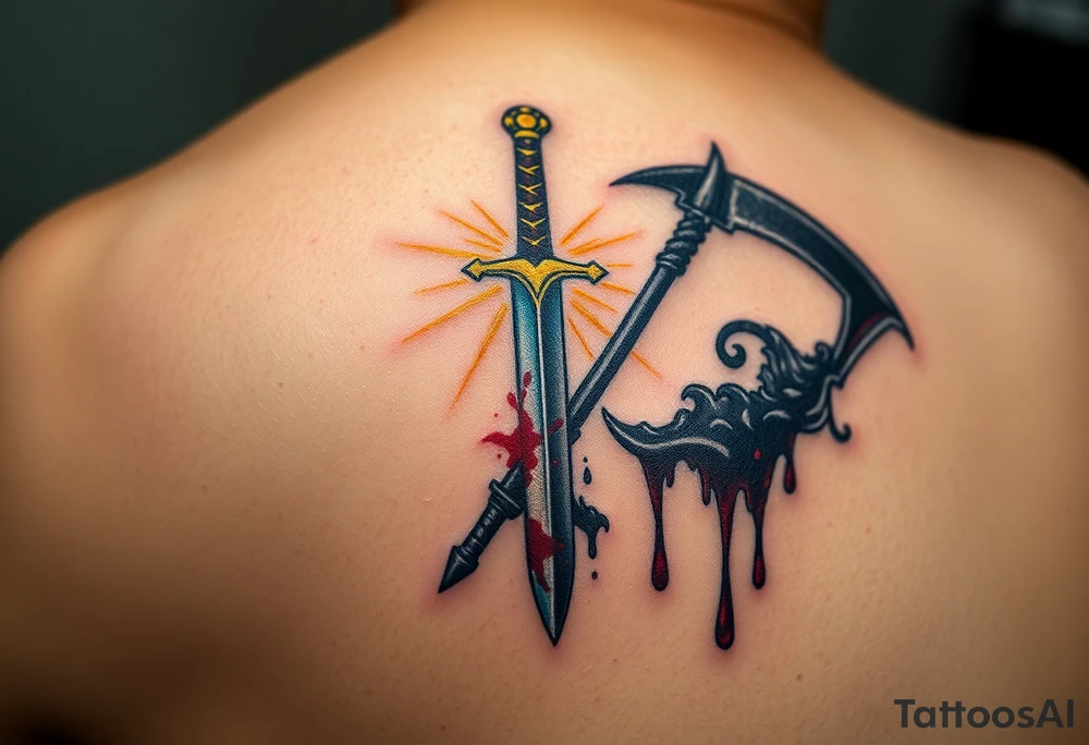A brilliant sword with a golden hilt, sparkling with rays of light, clashing against a dark, menacing scythe, dripping with black mist and dark crimson blood, creating a dynamic contrast between hope and despair tattoo idea