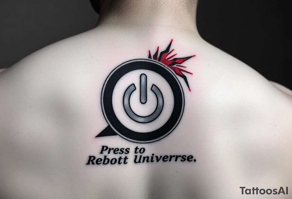"Hyperrealistic tattoo of a PC power button (1:1 size).  
text: 'Press to reboot universe'.  
Style: Fake 3D, like actual button on skin. Black/red." tattoo idea
