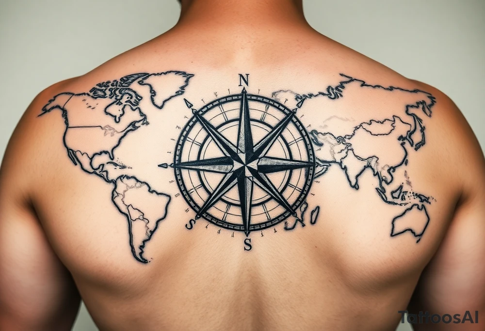 antique compass rose overlaid on weathered world map with sailing ships tattoo idea