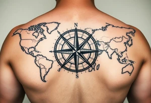 antique compass rose overlaid on weathered world map with sailing ships tattoo idea