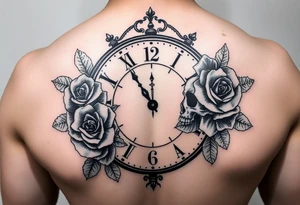 Broken Clock face 11:43 as set time. With roses and skull looking to the clock feminine tattoo idea