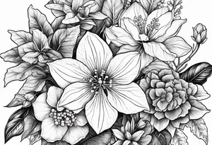 Hydrangea, Narcissus, Poinsettia, Holly, Gladiolus, Poppy, Daisy, Sweet Pea floral tattoo idea