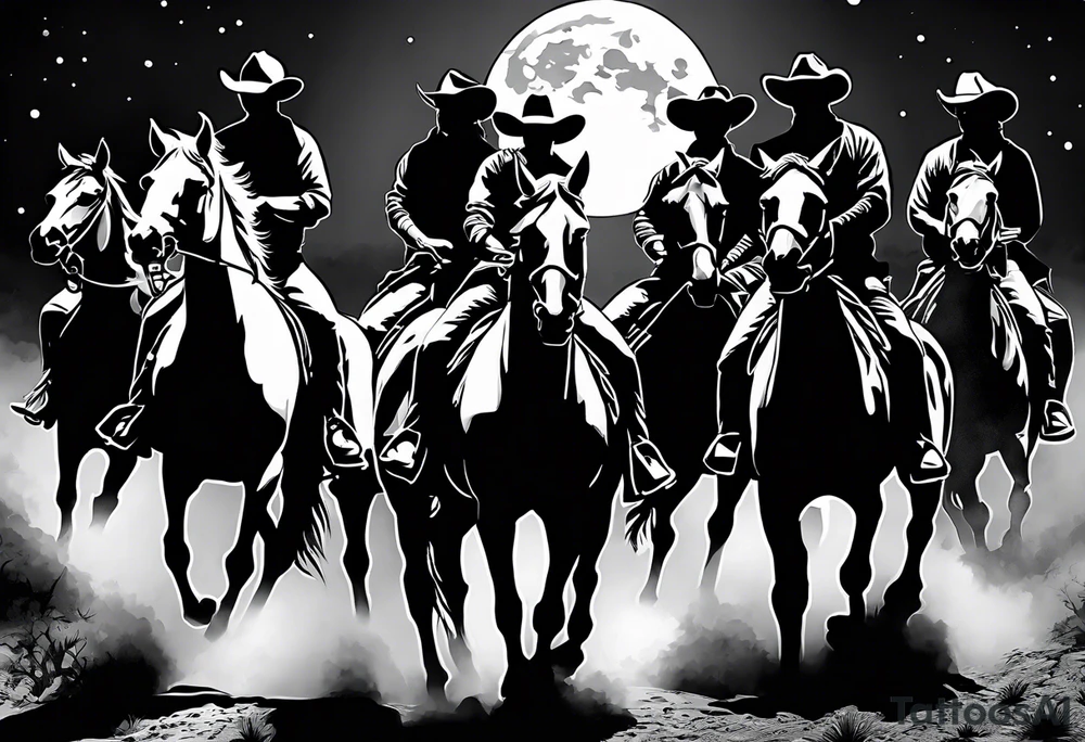 Four cowboys on horses in the moonlight on a dusty trail tattoo idea