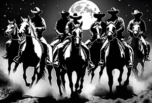 Four cowboys on horses in the moonlight on a dusty trail tattoo idea