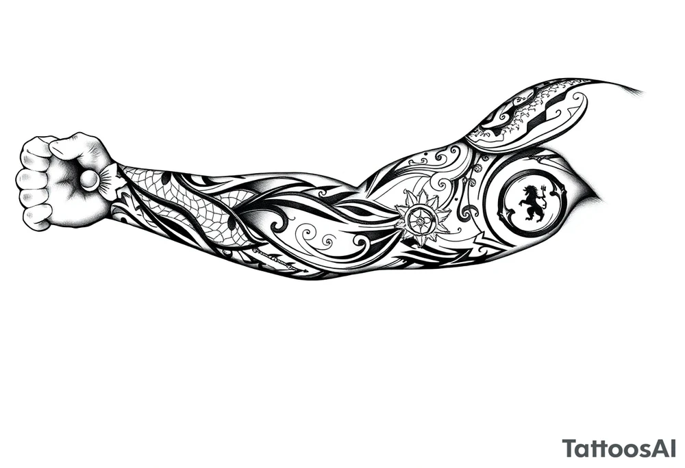 Tribal Sicilian sleeve with patterns
And symbols with a Leo symbol on forearm tattoo idea