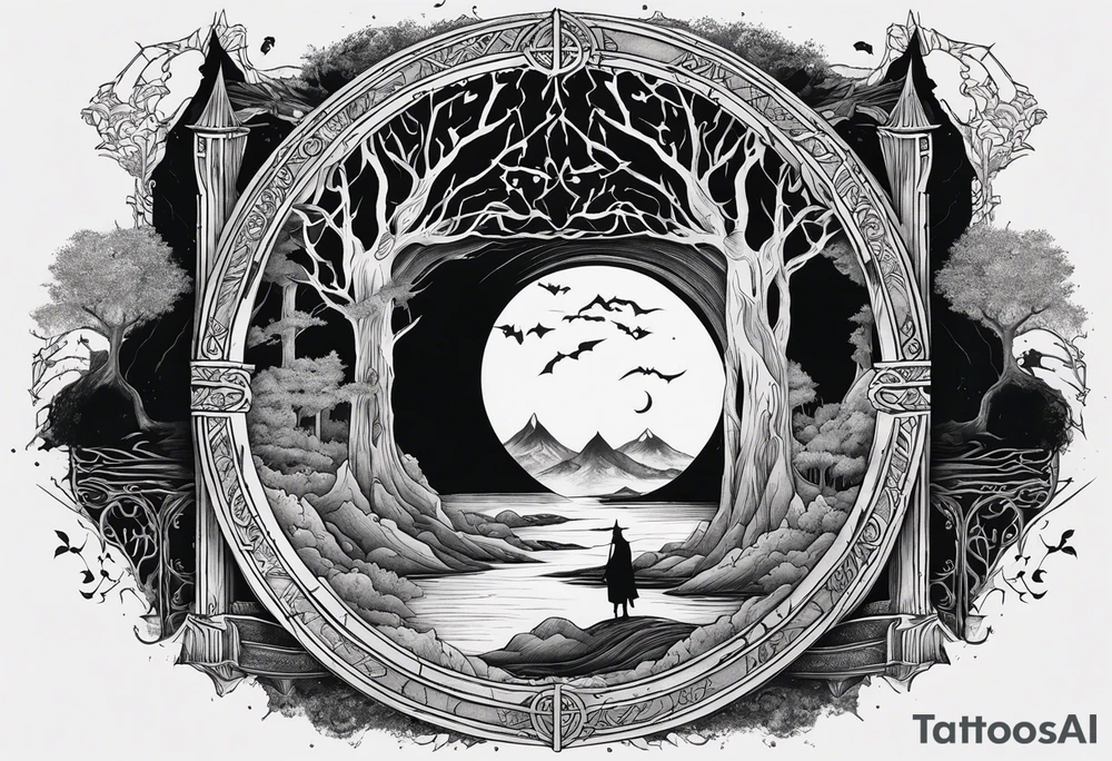 Lord of the rings and Harry Potter movie mashup. Small and simple. Hobbit door hole, wands, elvish writing, deathly hallows tattoo idea