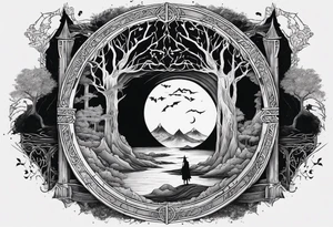 Lord of the rings and Harry Potter movie mashup. Small and simple. Hobbit door hole, wands, elvish writing, deathly hallows tattoo idea