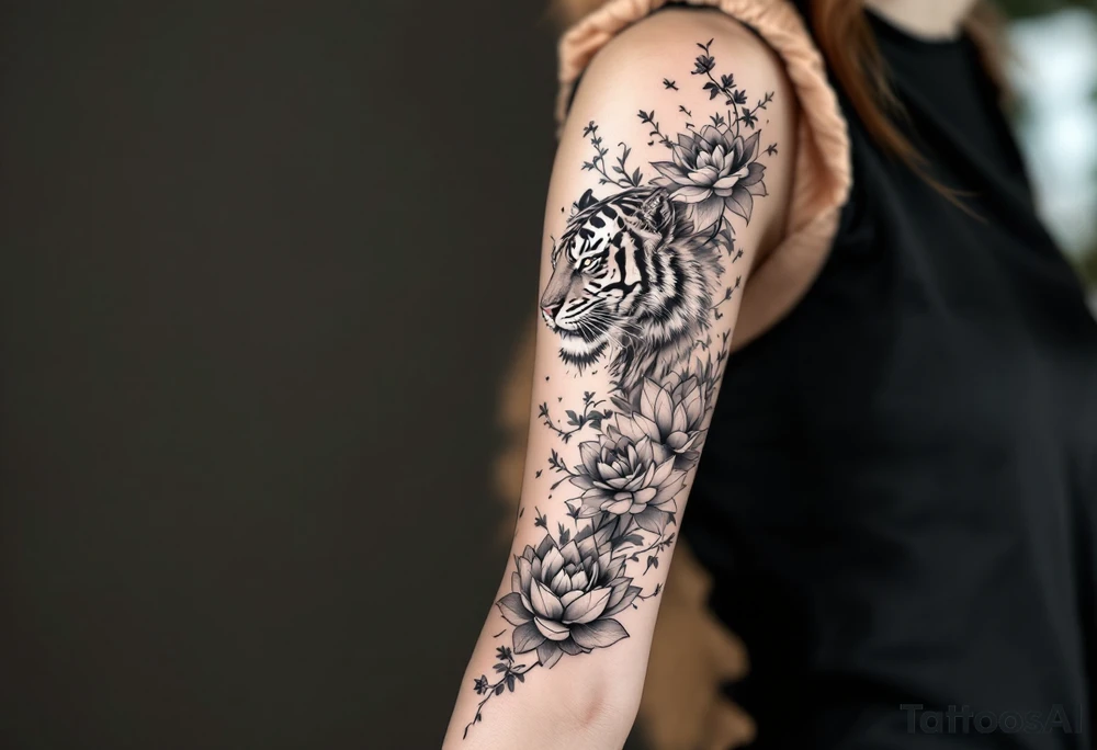 fierce tiger emerging through blooming lotus flowers in mist tattoo idea