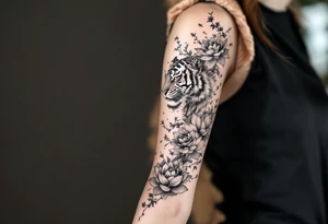 fierce tiger emerging through blooming lotus flowers in mist tattoo idea