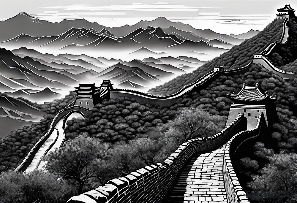 Great Chinese wall, realistic, art, gezeichnet, fine line, black and grey, man, clear tattoo idea