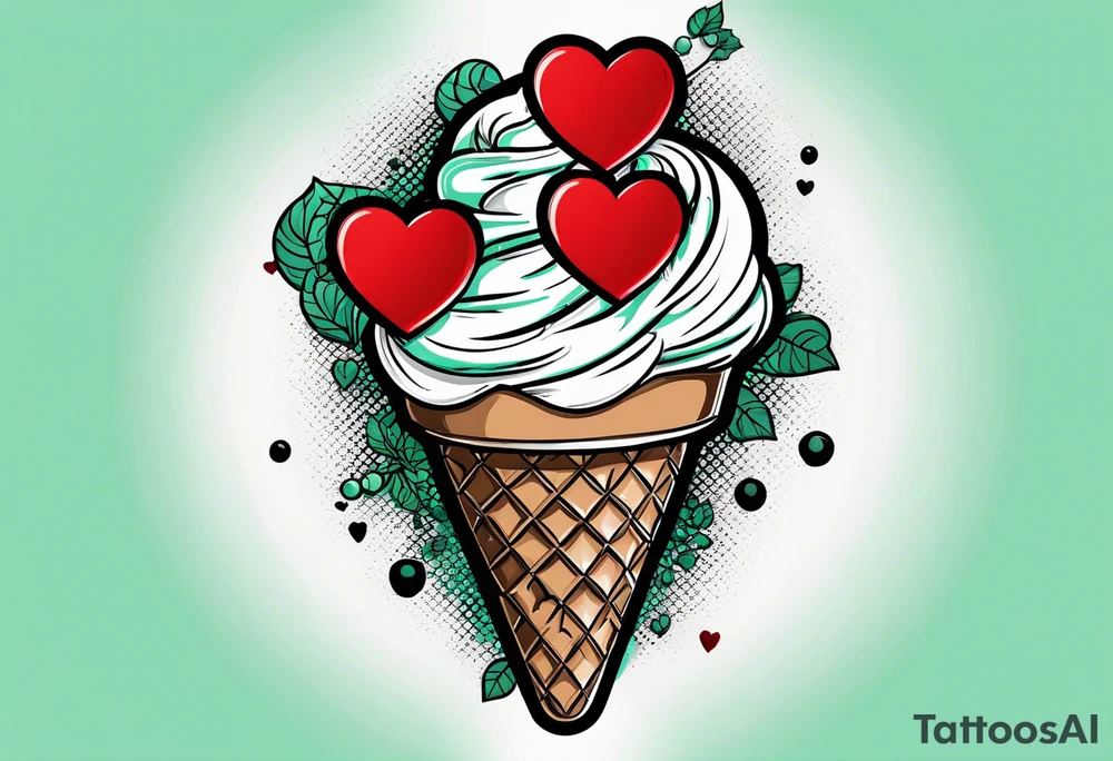 simple mint chocolate chip ice cream cone with small red heart on it somewhere. tattoo idea
