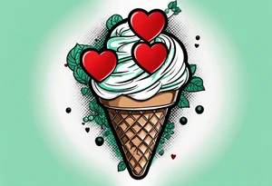 simple mint chocolate chip ice cream cone with small red heart on it somewhere. tattoo idea