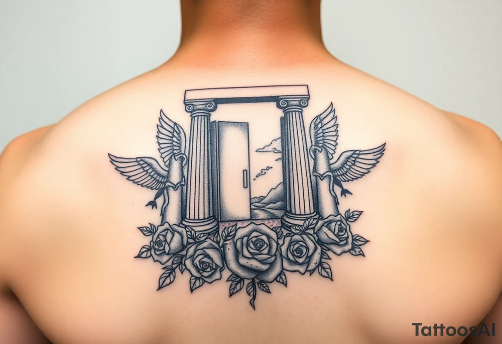 rocky  road to better on this journey on recovery, protected by a strong belief in God, failed alot, resilence is key represented by ancient temple columns and transcending gates, angels, transformation by roses growing from carpet tattoo idea