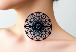 A symmetrical Flower of Life with hexagonal crystal and geometrical details in round cyrcle, enhancing its sacred geometric nature. tattoo idea