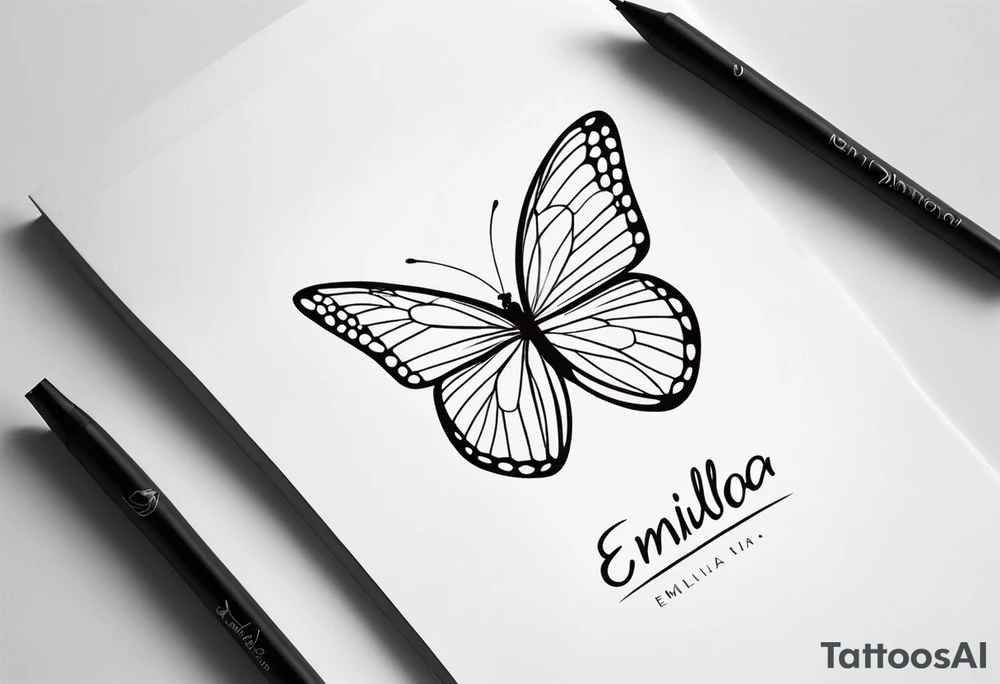 A minimalist butterfly tattoo incorporating the name Emilia in a subtle way tattoo idea