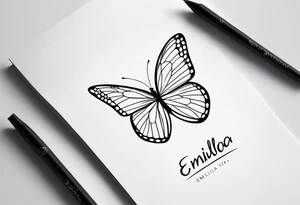 A minimalist butterfly tattoo incorporating the name Emilia in a subtle way tattoo idea