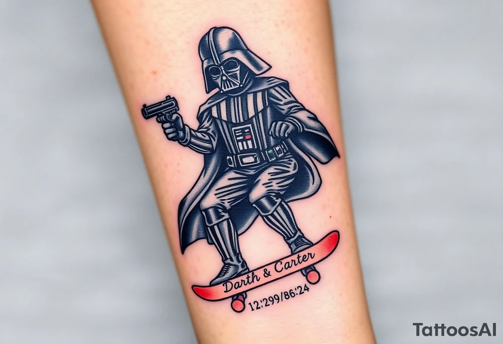 Darth Vader skateboarding with gun> bullets > memorial > god > colors > futuristic/space/star wars
add name "Darth Carter" on skateboard
add date 12/29/88-01/06/24 tattoo idea