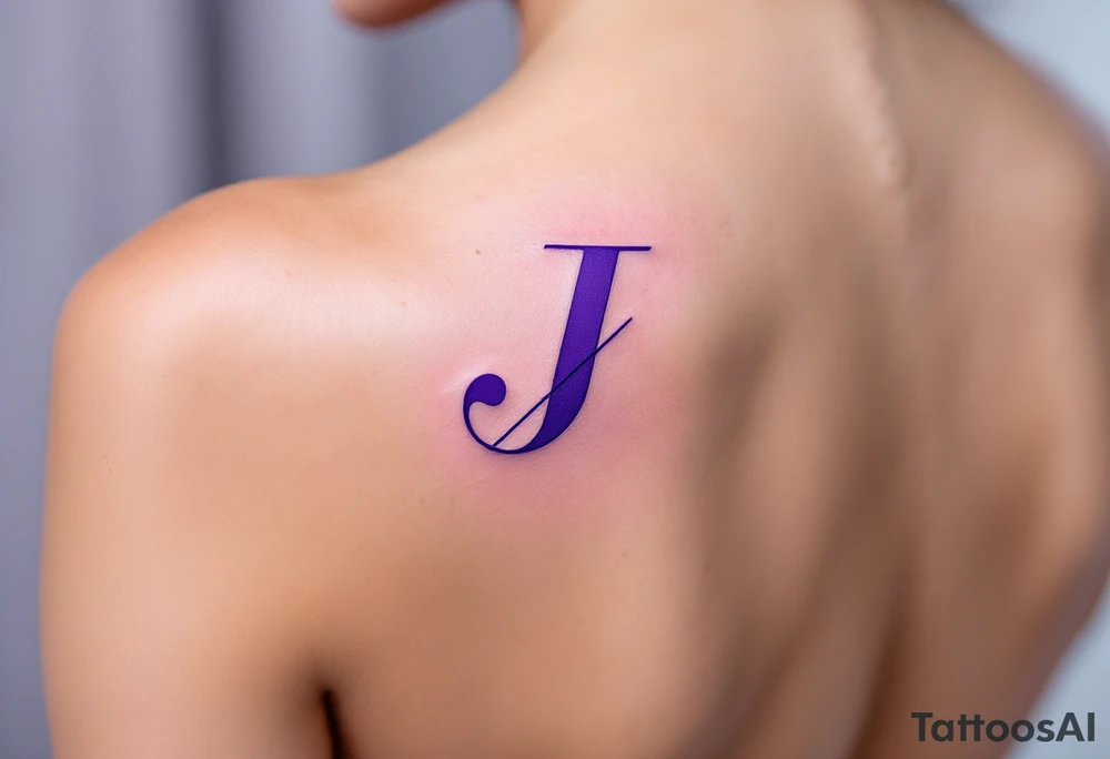 Sharp geometric "J" in purple with sleek, modern lines and cyan shadows. tattoo idea