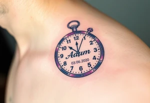 A stopwatch clock, which contains the child’s name "Adam" and birth date "03. 06. 2020", in blue, purple, and silver tattoo idea