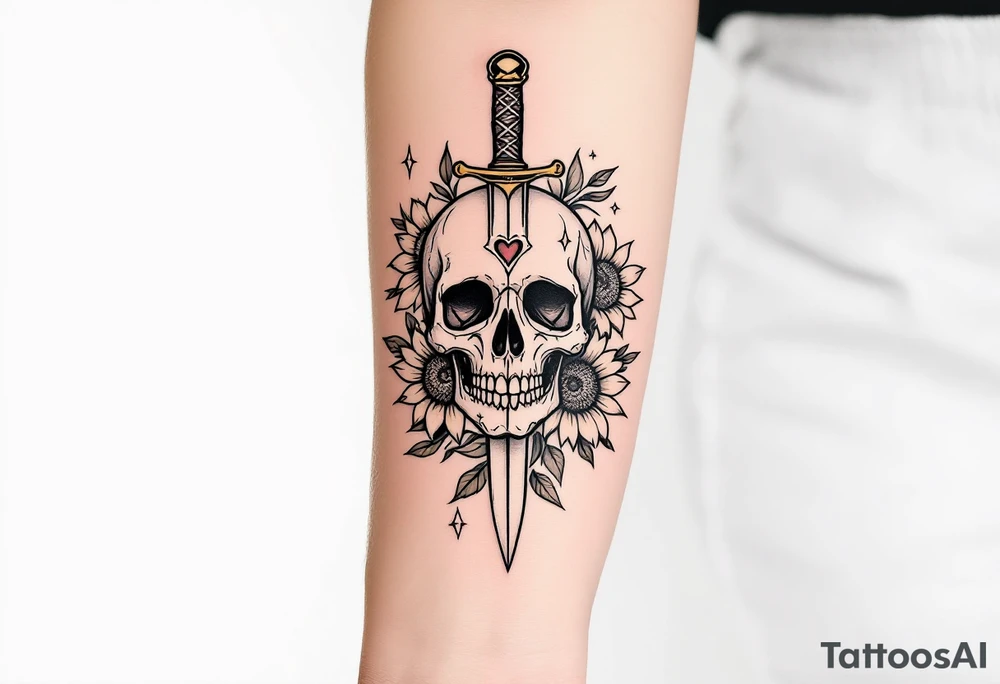 Skull, heart and dagger with roses and sunflowers tattoo idea