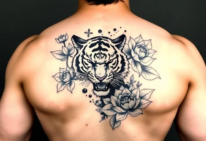 fierce tiger emerging through blooming lotus flowers in mist tattoo idea