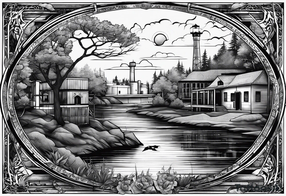 A tattoo inspired by the series Prison Break in which Michael Scofield is the main character in the tattoo, his brother and the other characters appear as well as the landscape of the Fox River prison and all that tattoo idea