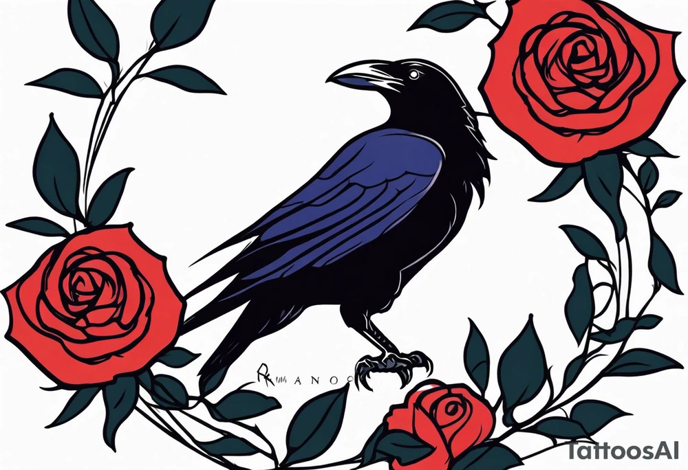 Raven facing forward with a rose underneath it tattoo idea