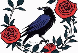 Raven facing forward with a rose underneath it tattoo idea