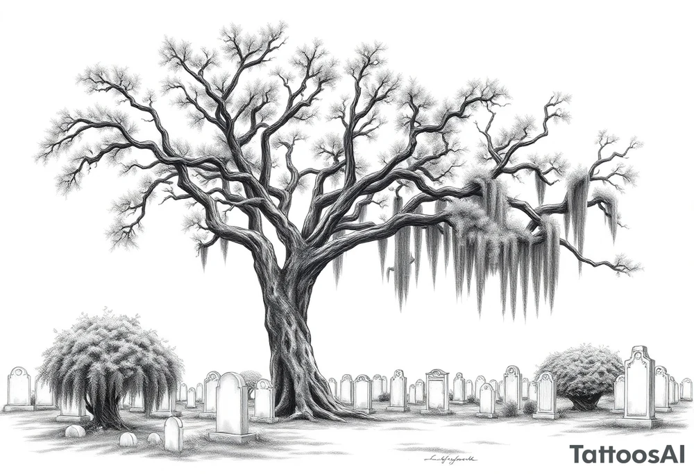 Laurel oaks with Spanish moss in a cemetery tattoo idea