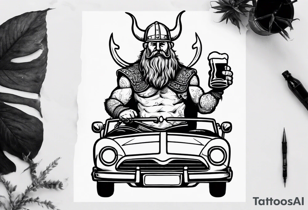 A Viking driving a car drinking a beer tattoo idea