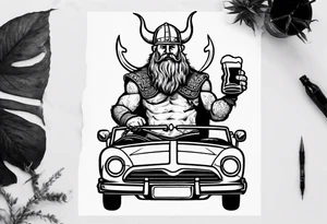 A Viking driving a car drinking a beer tattoo idea