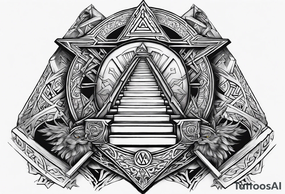 Valhalla sword shield axe stairs Valknut fire tattoo idea Valhalla sword shield axe stairs Valknut fire tattoo idea