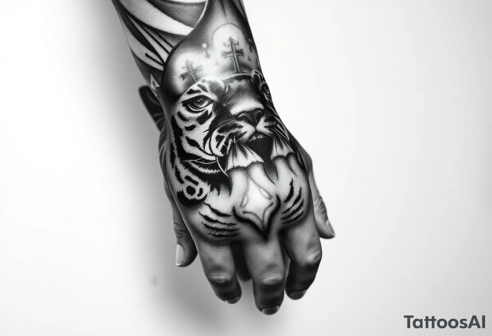 in a dorsal view of the hand and forearm a tiger face on the hand with black hollowed eyes, then above this a orthodox church shrouded with a mist and fading into a virgin mary overlooking tattoo idea
