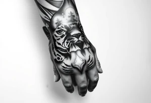 in a dorsal view of the hand and forearm a tiger face on the hand with black hollowed eyes, then above this a orthodox church shrouded with a mist and fading into a virgin mary overlooking tattoo idea