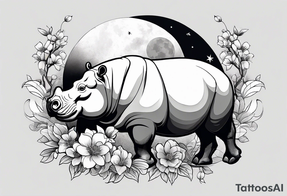 Asymmetrical, geometric, chinese ink art touch, hippo , full moon, wintersweet flower, light tattoo idea