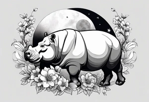 Asymmetrical, geometric, chinese ink art touch, hippo , full moon, wintersweet flower, light tattoo idea