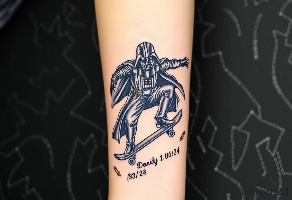 Darth Vader skateboarding > bullets > in loving memory > colors
add words "Darth Carter" to skateboard
add date 12/29/88-01/06/24 tattoo idea